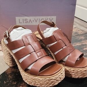 Lisa Vicky Nordstrom Shoes Just-V Cognac Leather Strappy Platform Women Size 9.5